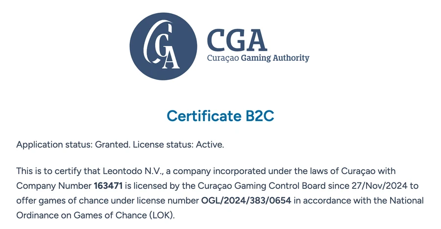 Certificado de la Curaçao Gaming Authority: Leontodo N.V., licencia OGL/2024/383/0654, estado Active