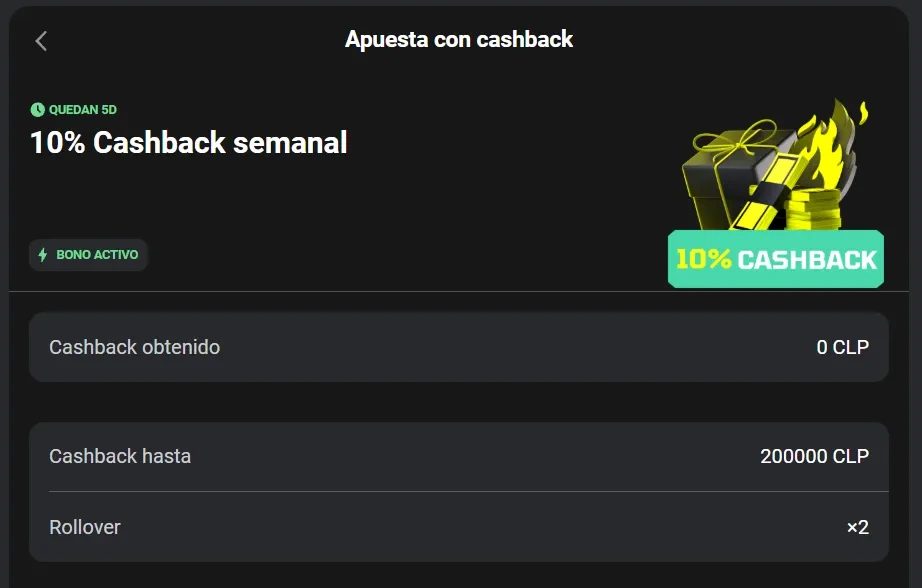 Pantalla de la promoción 10% cashback semanal de Fortunazo