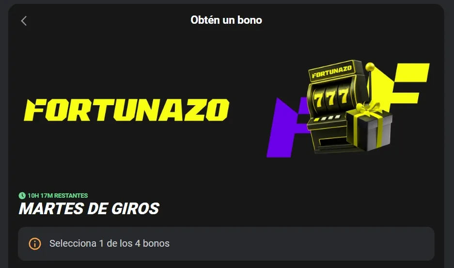 Pantalla de la promoción Martes de giros de Fortunazo