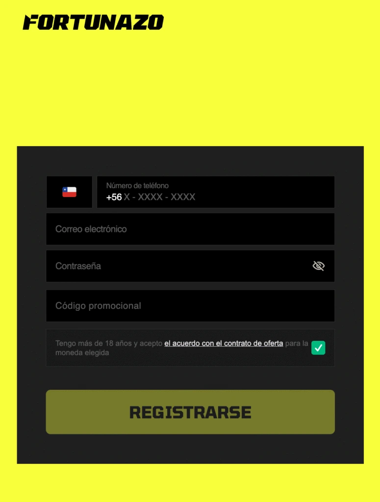 Formulario de registro de Fortunazo: teléfono +56, correo, contraseña, código promocional y casilla de mayor de 18